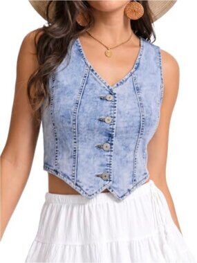 Women's Cropped Denim Vest Sleeveless V Neck Button Down Western Country
